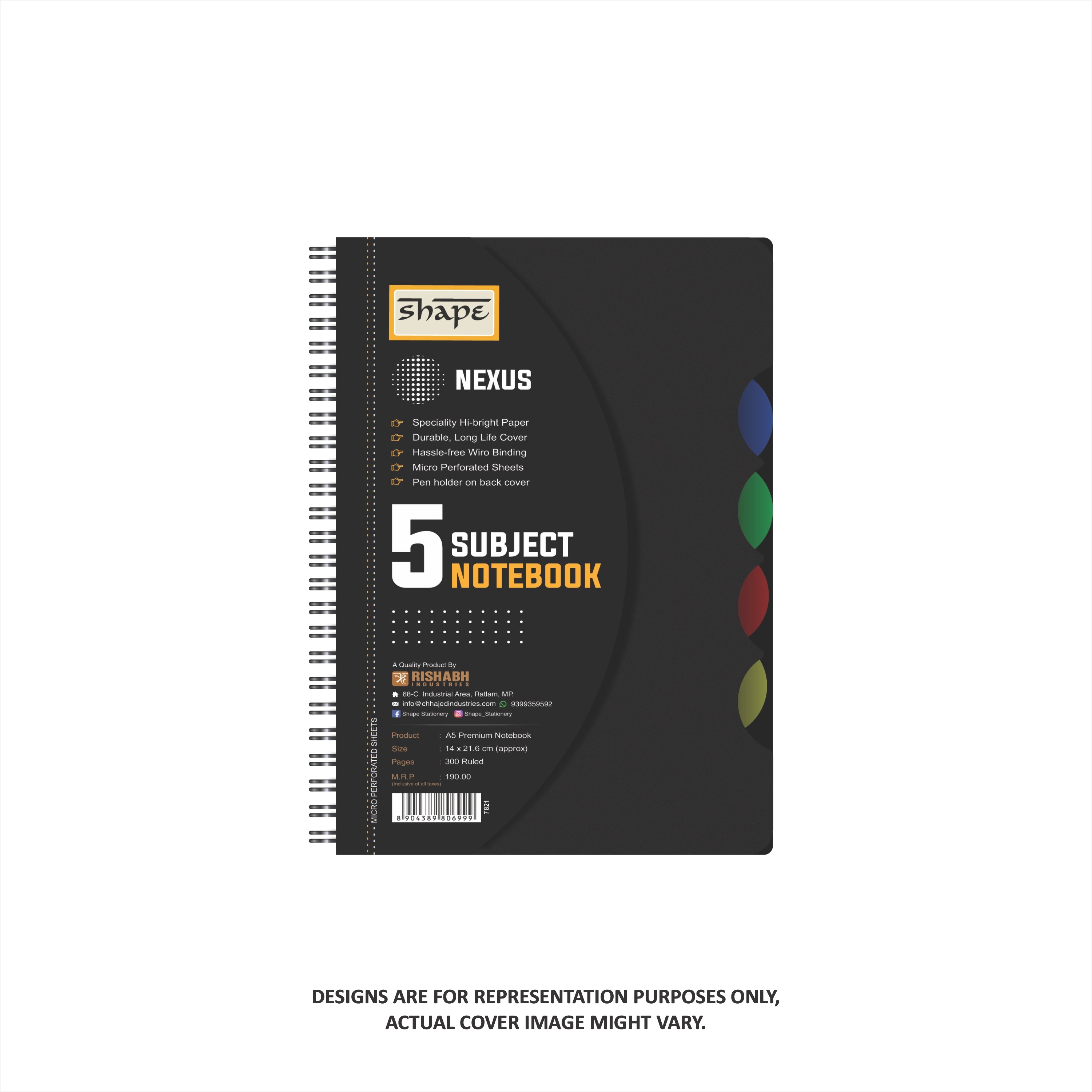 Shape 5 Subject Wiro Nexus Plastic Notes - A5 Size, 300 Ruled Pages