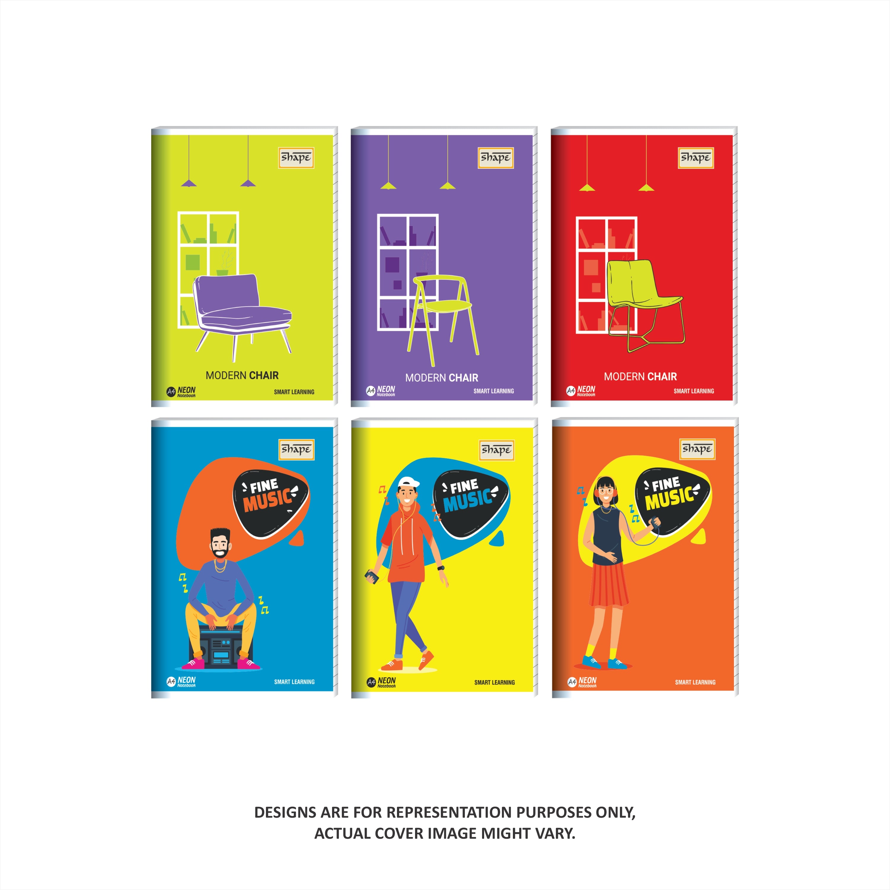 Shape Neon Notebook - A4 Size, 172 Ruled Pages, Pack of 6
