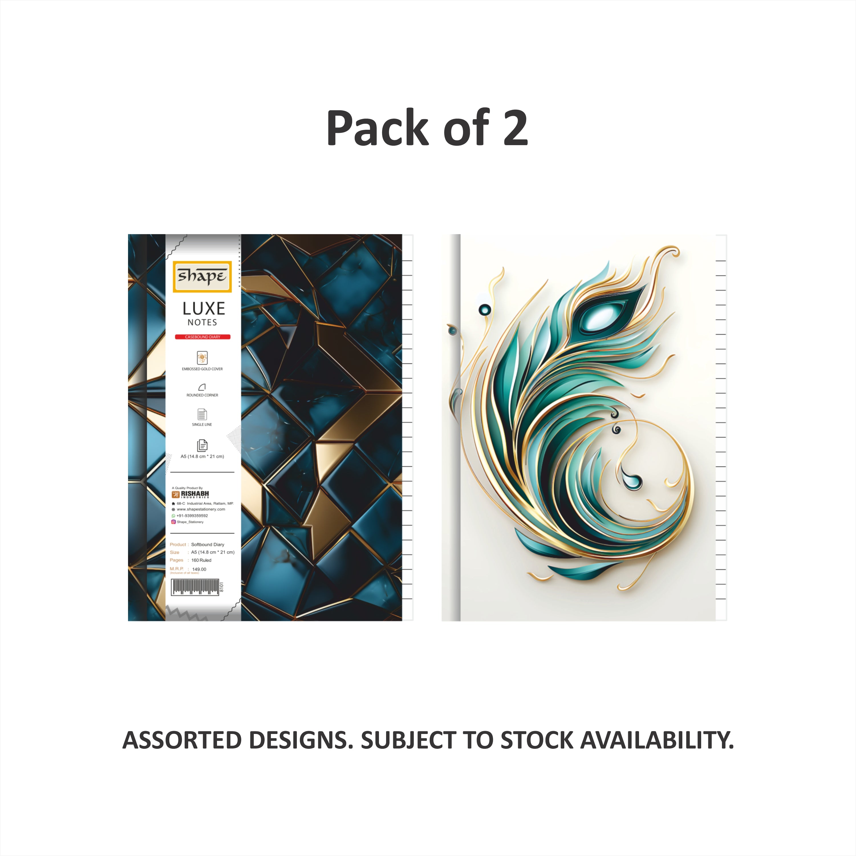 Shape LUXE Casebound Notes - A5 Size, 160 Ruled Pages, Pack of 2