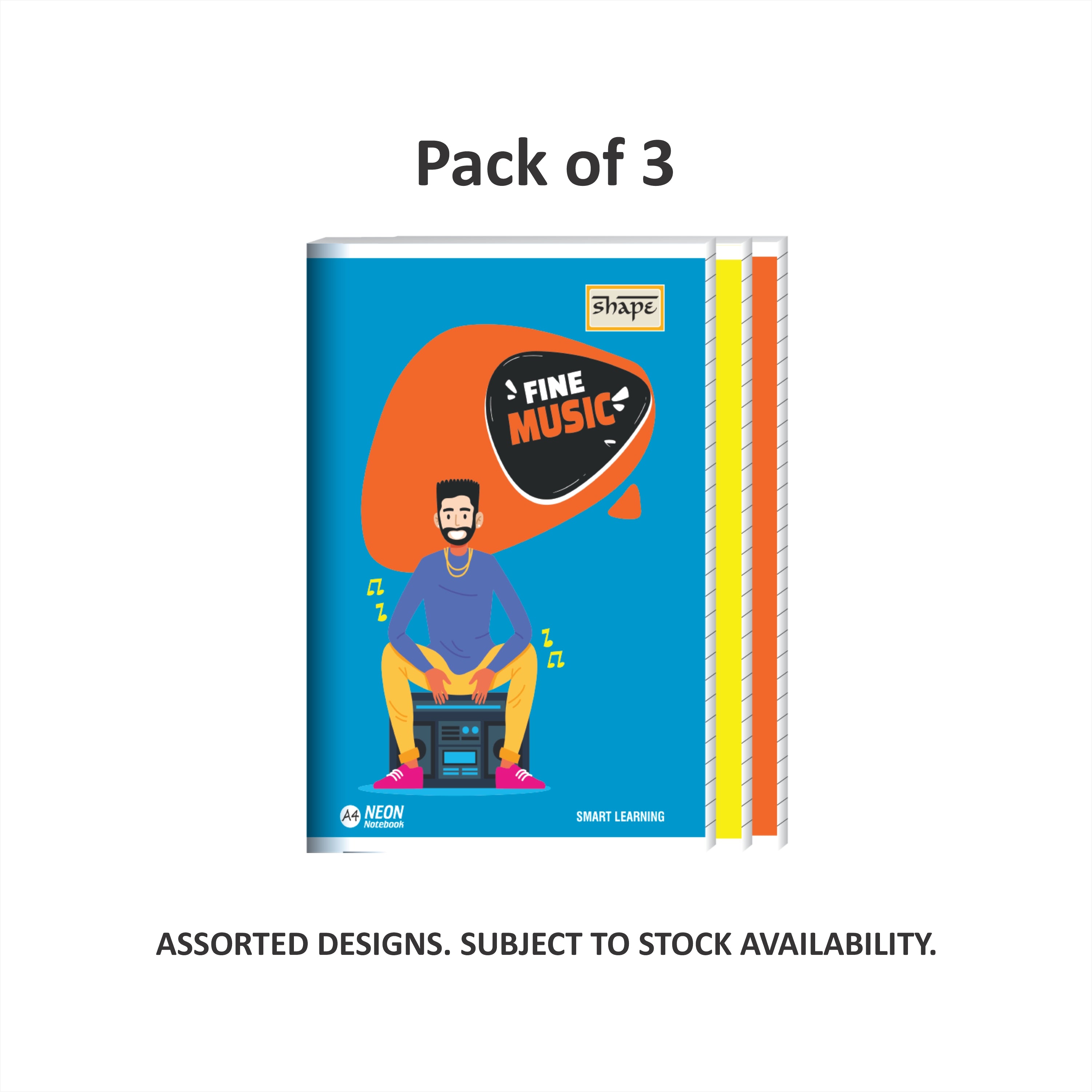 Shape Neon Notebook - A4 Size, 172 Ruled Pages, Pack of 3