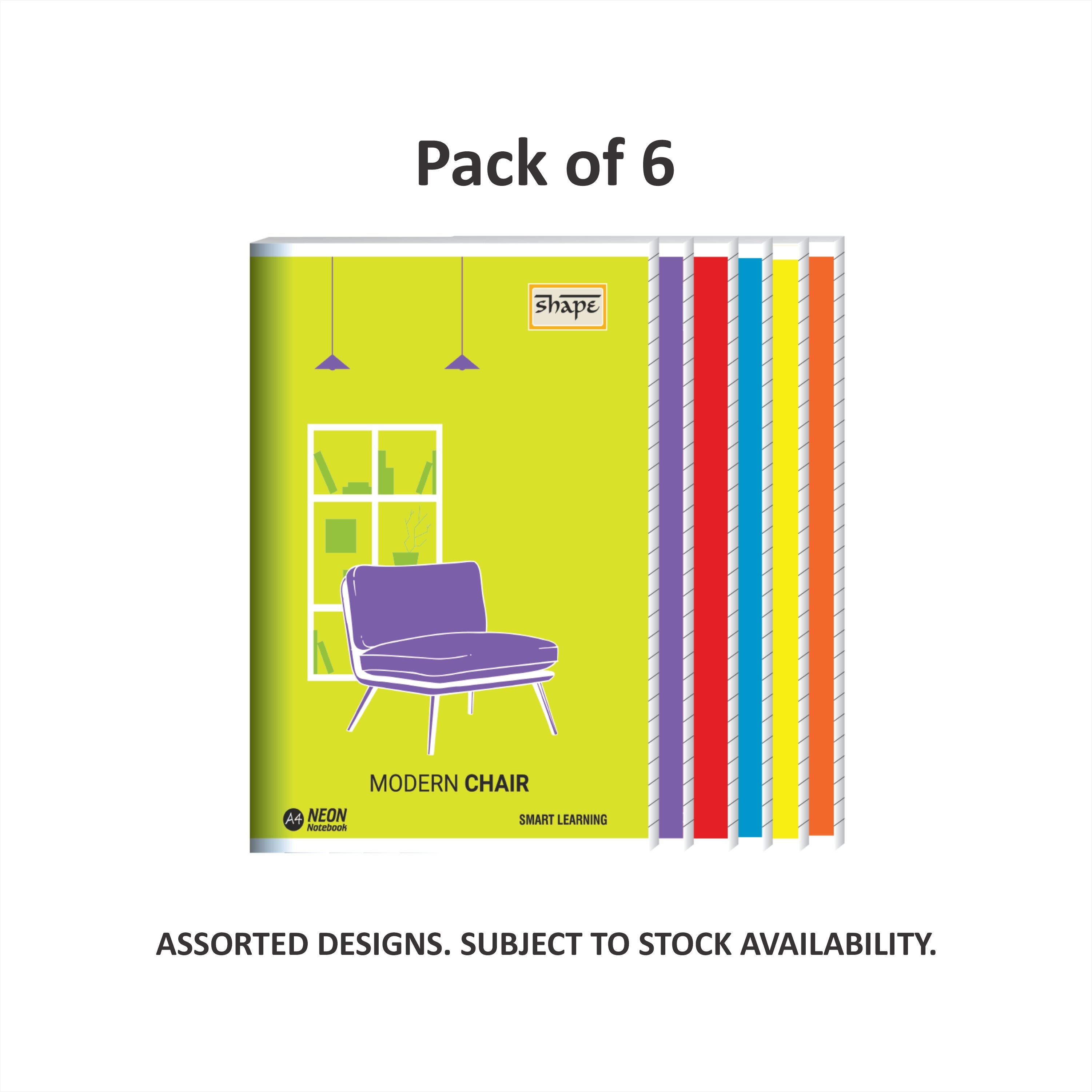 Shape Neon Notebook - A4 Size, 172 Ruled Pages, Pack of 6