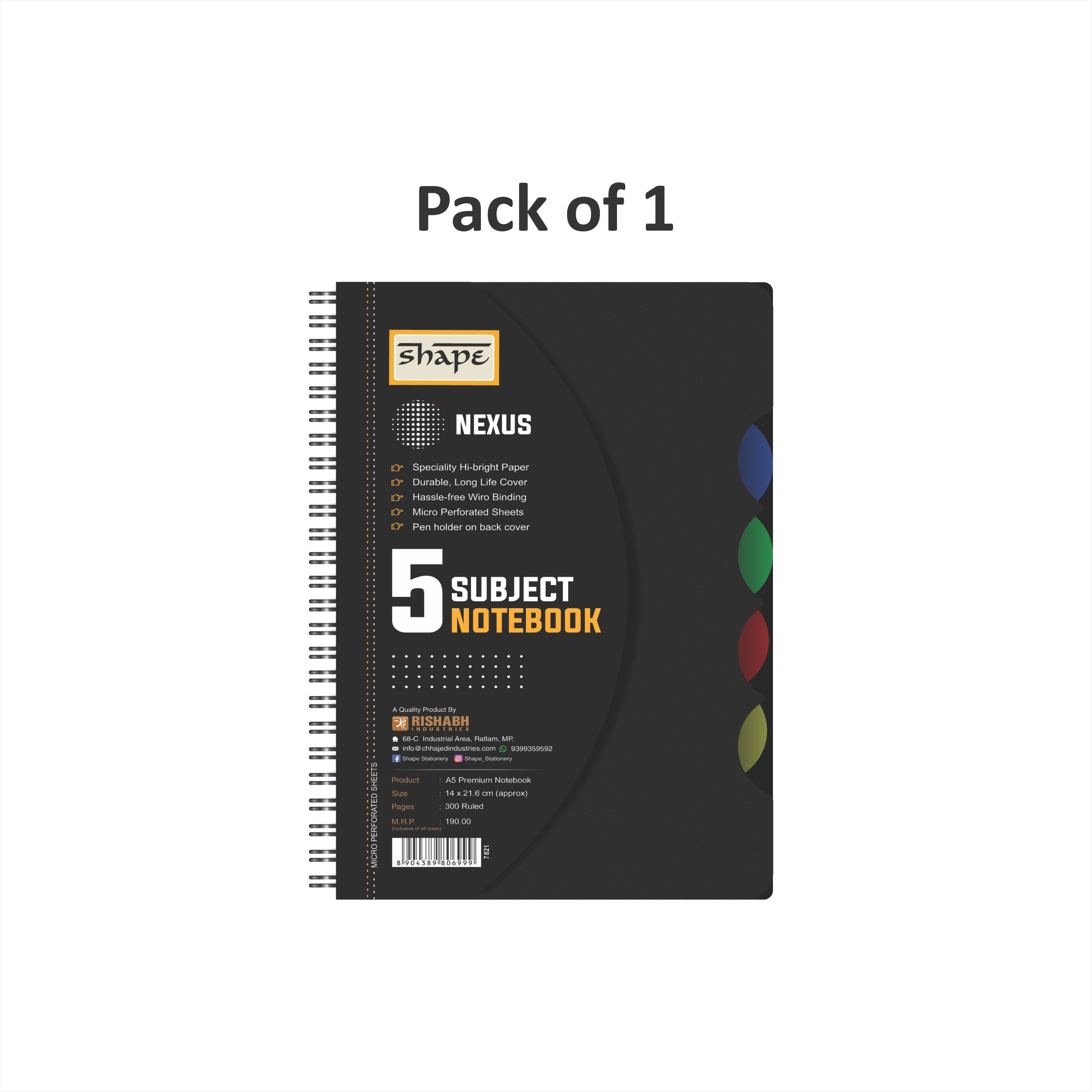 Shape 5 Subject Wiro Nexus Plastic Notes - A5 Size, 300 Ruled Pages