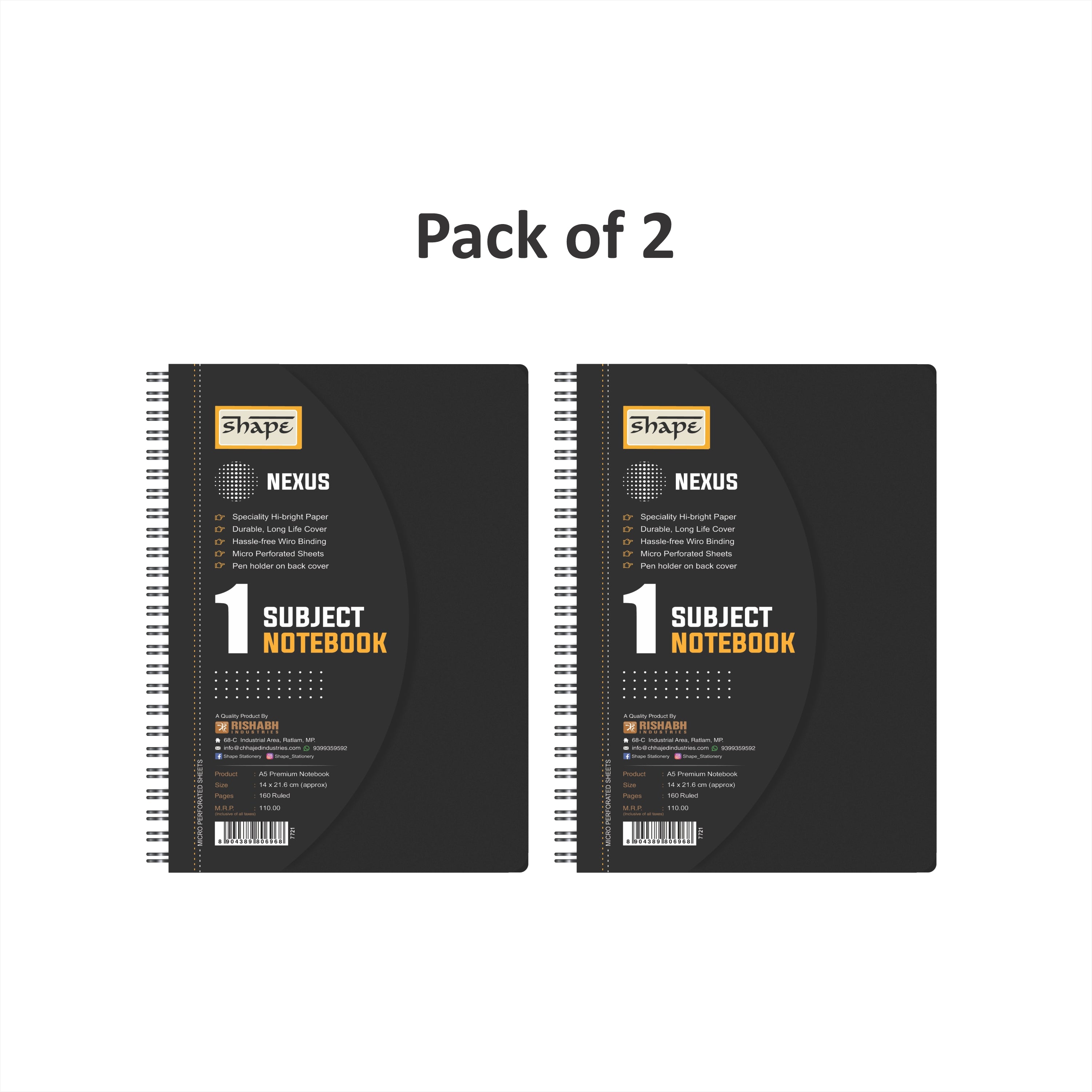 Shape Single Subject Wiro Nexus Plastic Notes - A5 Size, 160 Ruled Pages, Pack of 2