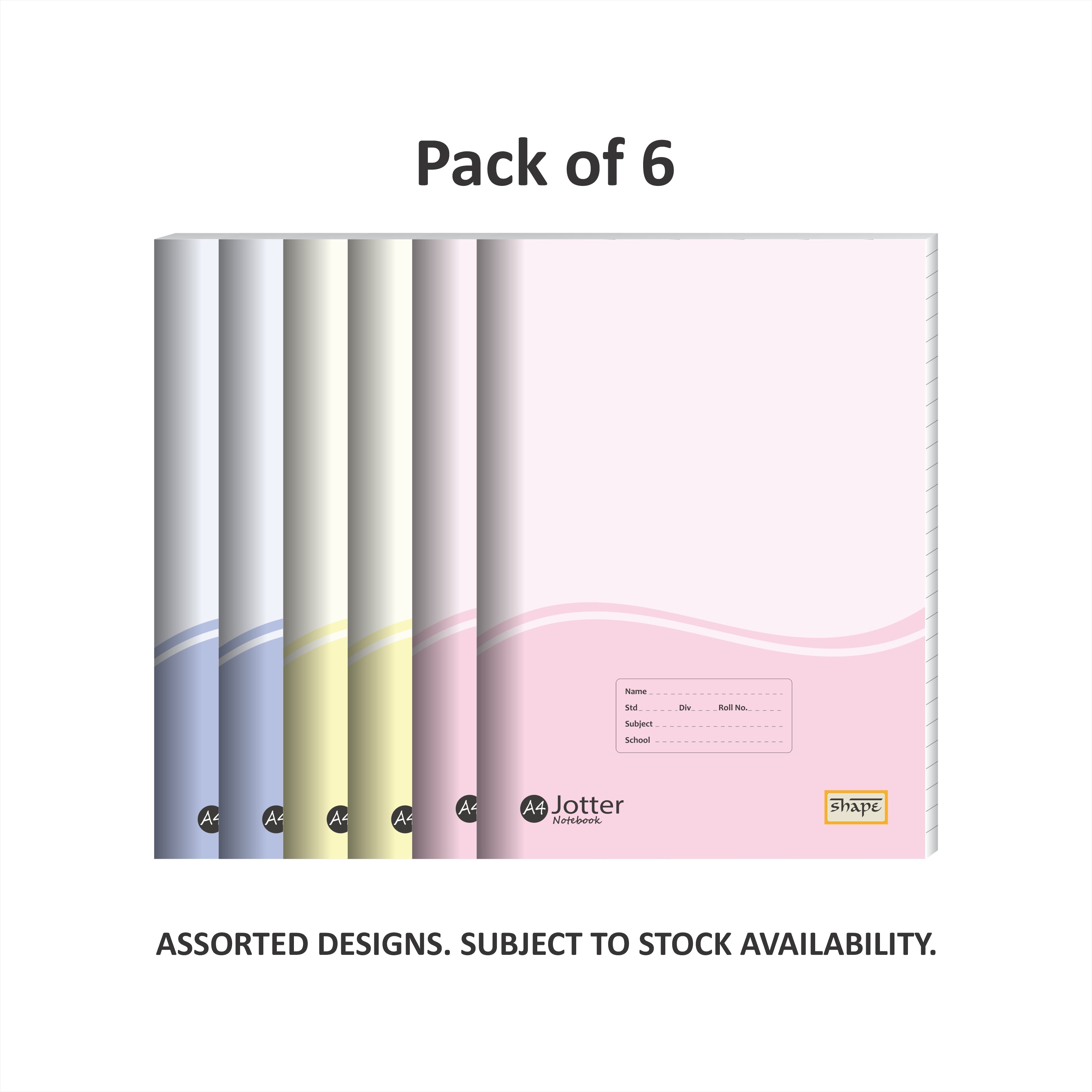Shape Jotter Notebook- A4 Size, 172 Ruled Pages, Pack of 6
